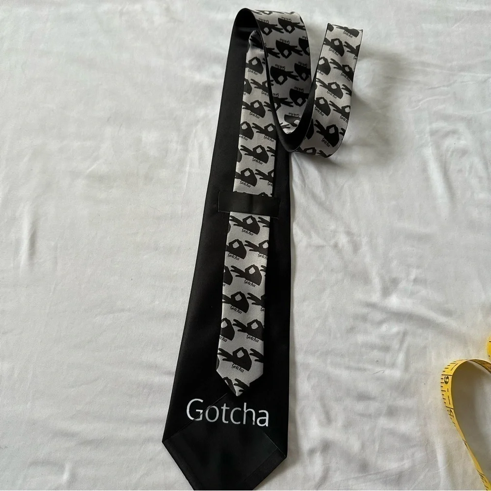 Gotcha Novelty Print Black & Silver Wide 58” x 4” Necktie Easy Care Polyester
